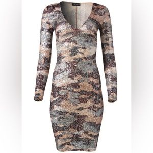 VENUS Sequin Long Sleeve Dress - Black, Brown, Cream